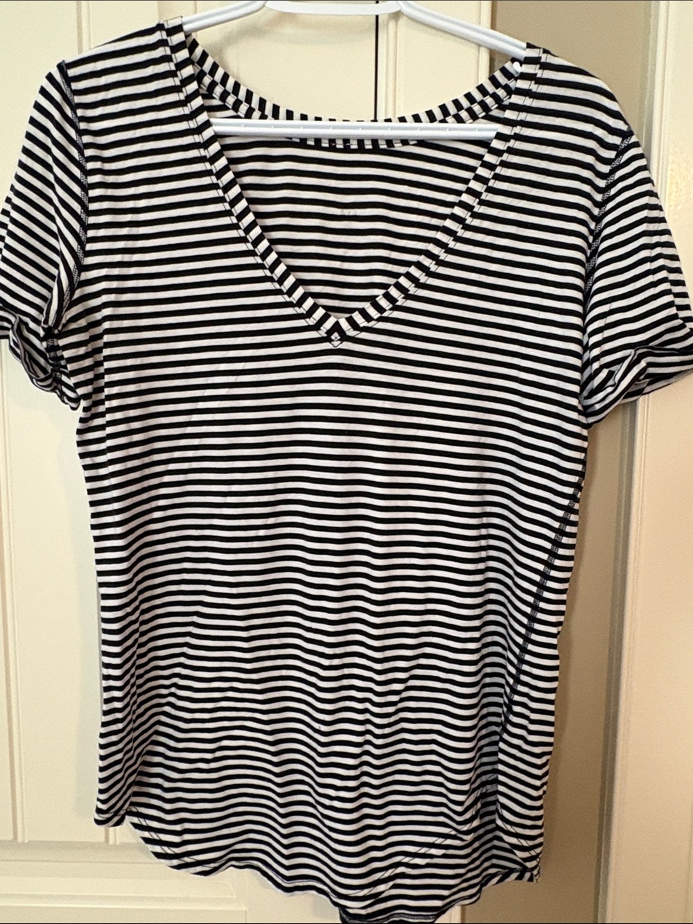 Lululemon Women's Black & White Striped V-Neck Tee